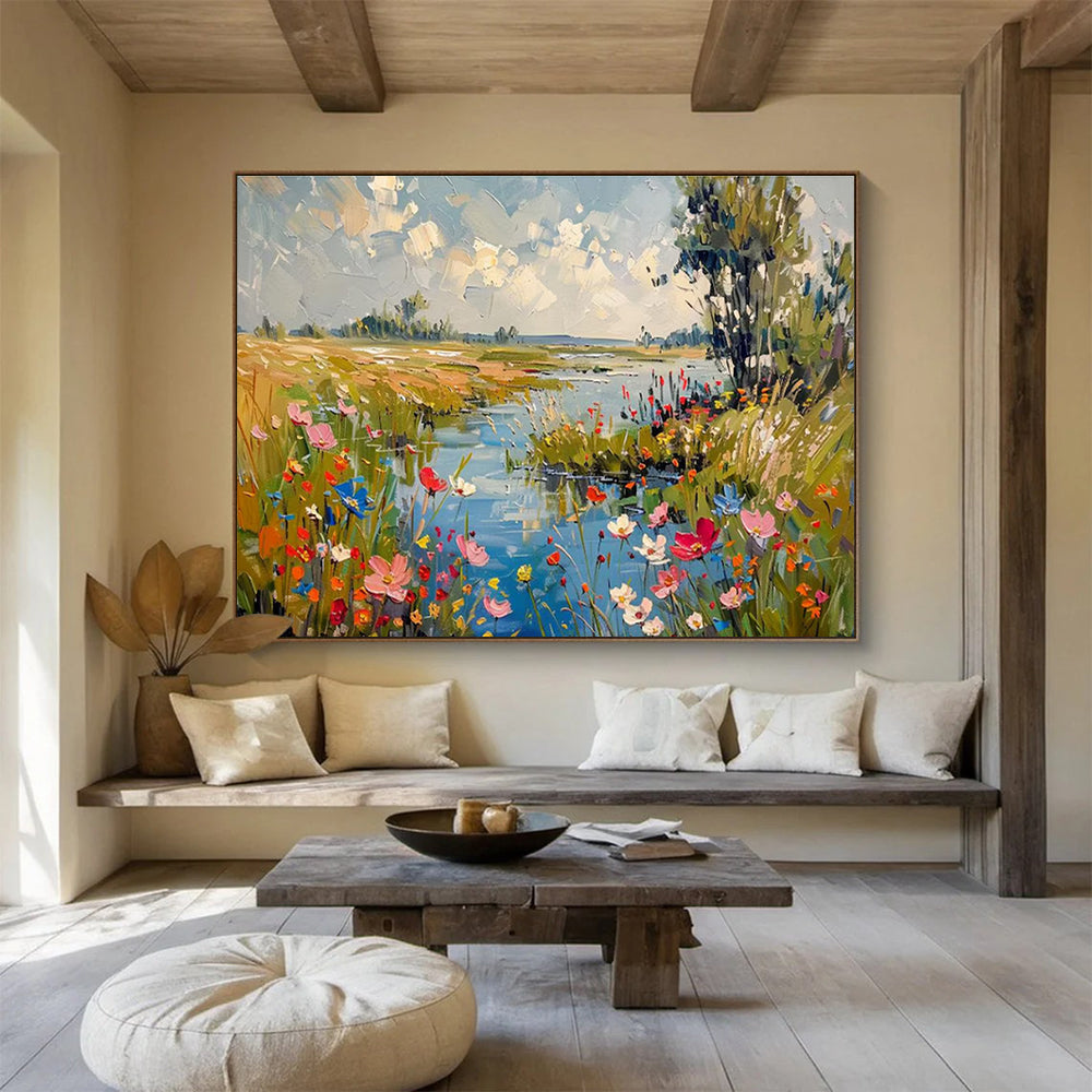 “Riverside Wildflower Meadow” - Impasto Scenery Painting On Canvas DKH833