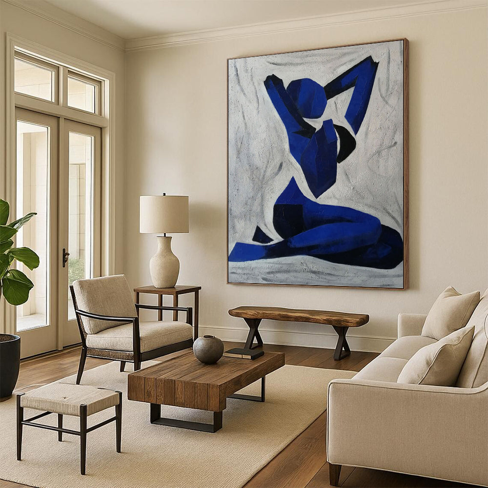 “Blue Figure” - Geometric Blue and Black Abstract Figure Painting On Canvas DKH1568