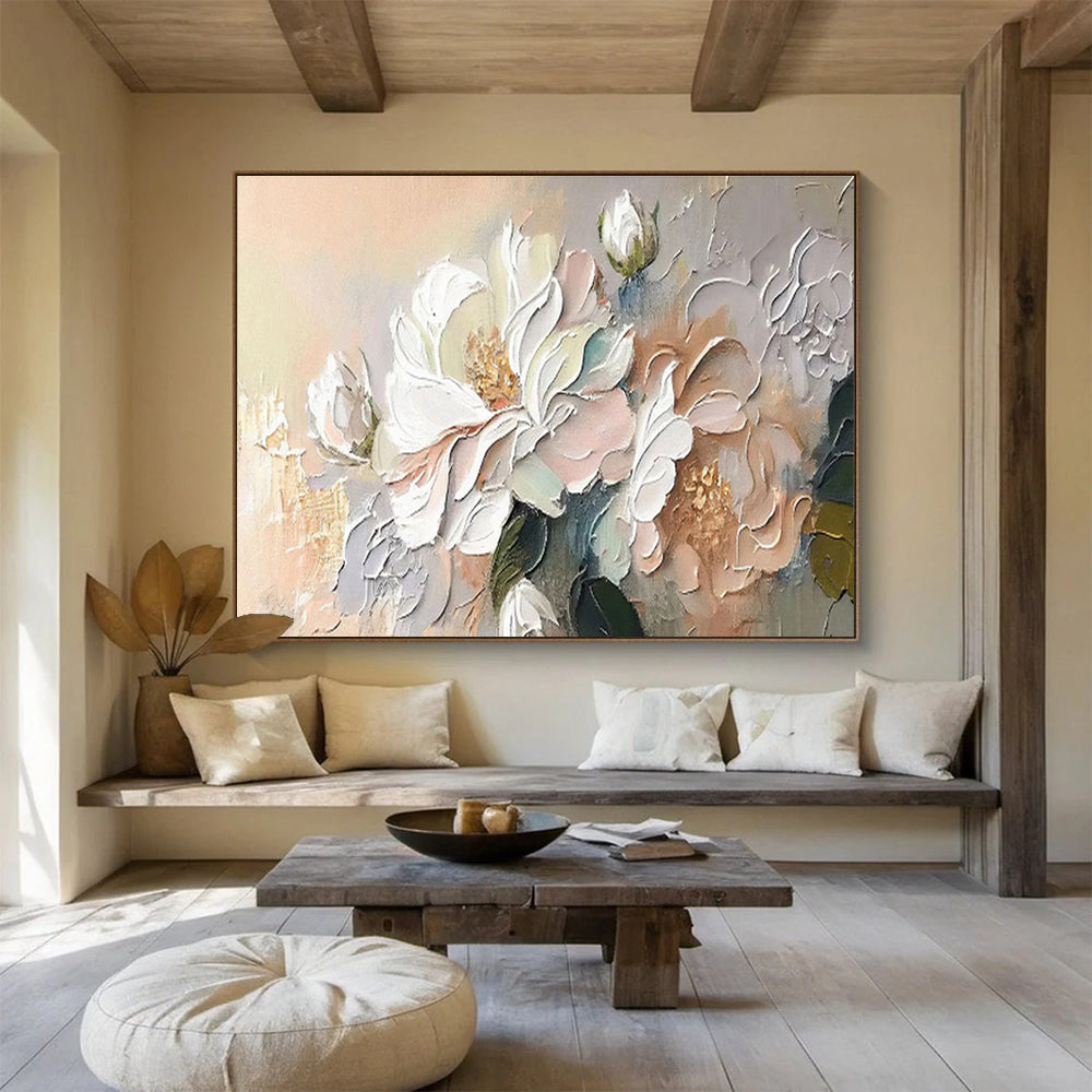 “Soft Blossom Touch” - White, Pink, Beige Textured Floral Impasto Painting On Canvas DKH713