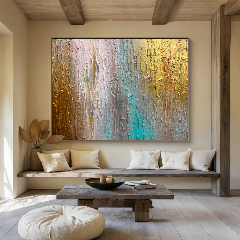 Colorful Textured Streaks - Gold, Blue & Pink Abstract Painting On Canvas DKH916