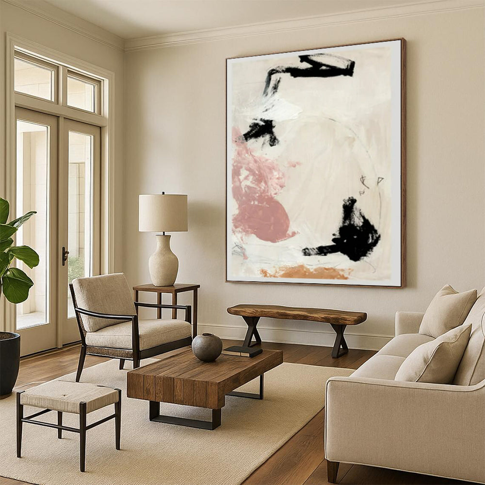 “Black, Pink & Earth - Tone Abstract Forms” - Abstract Painting On Canvas CT2316