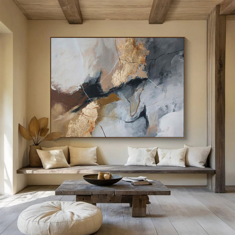 Gray, White, and Gold Abstract “Sophisticated Neutral Harmony” Painting On Canvas DKH132