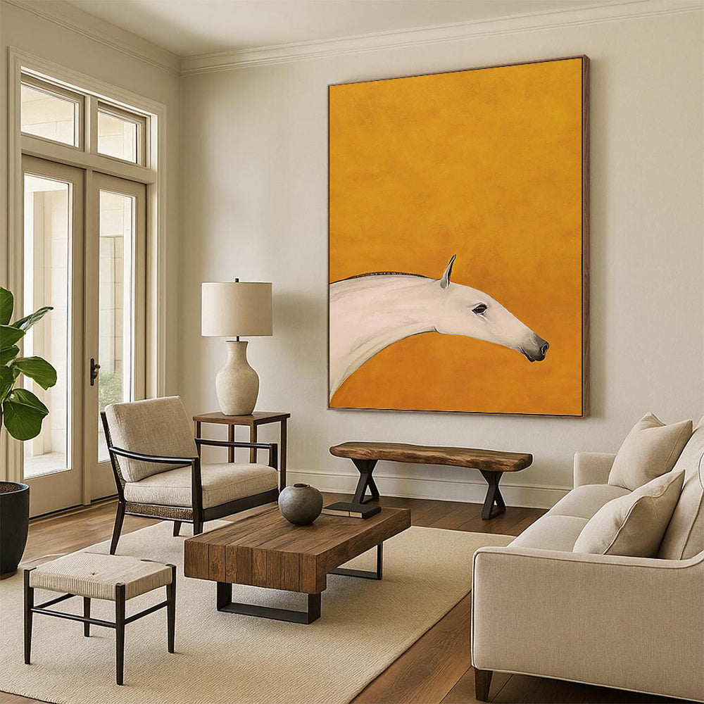 Minimalist White Horse on Orange Background - Equine Painting On Canvas DKH1427