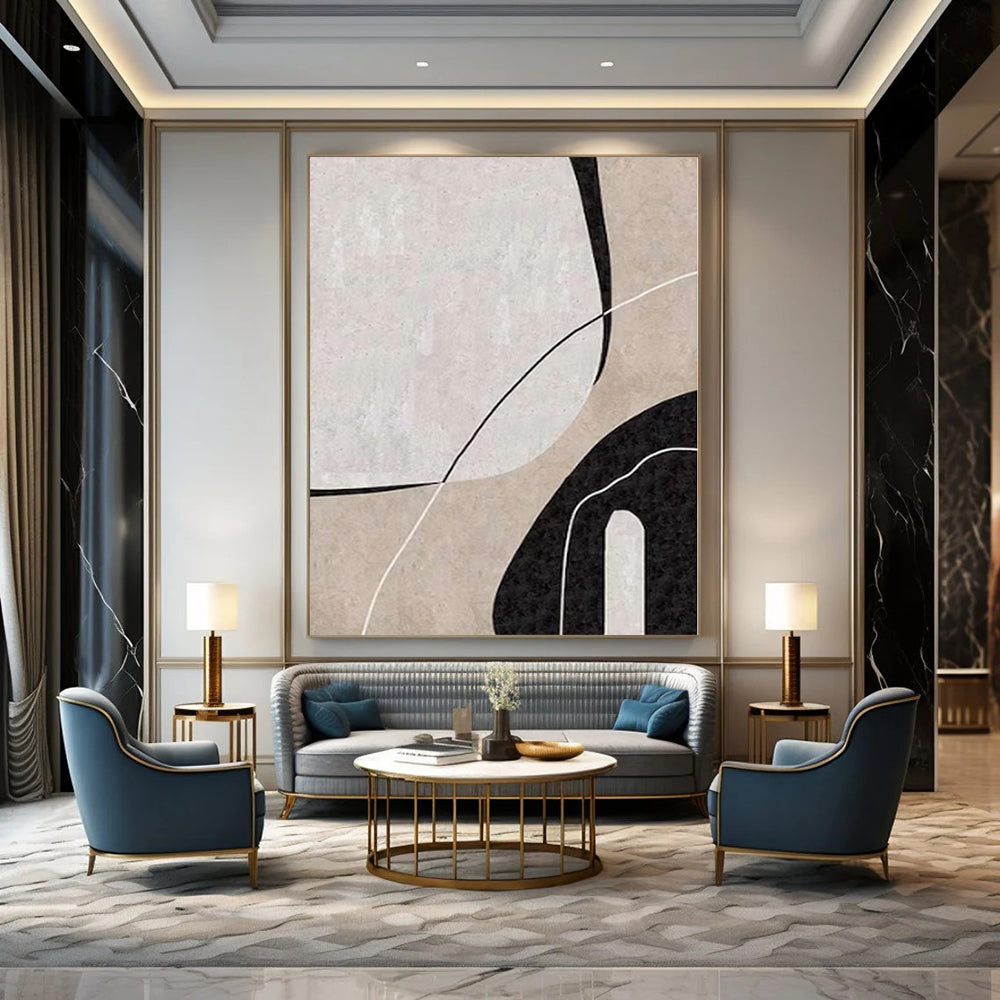 “Beige - Black - White Geometric Curves” – Geometric Abstract Painting CT1162