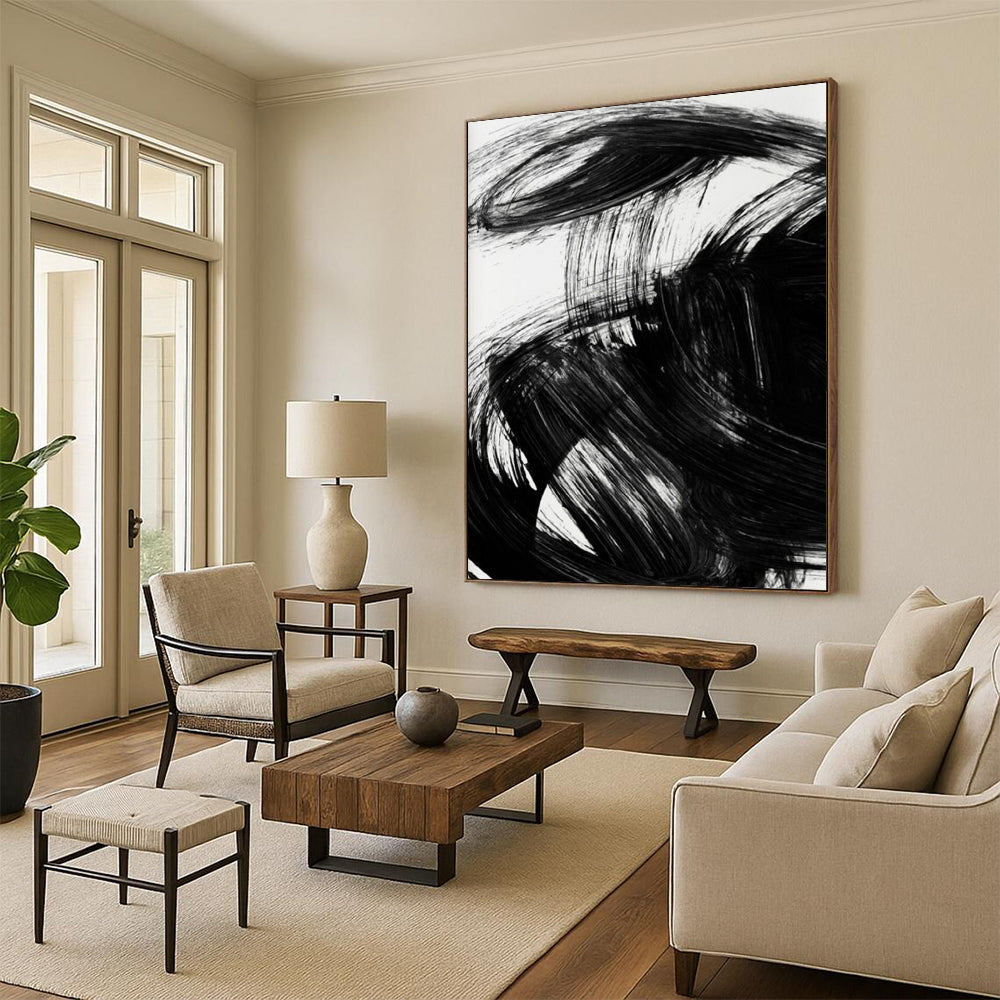 “Dynamic Black Ink Swirl” - Bold Black Ink Abstract Painting On Canvas DTP195
