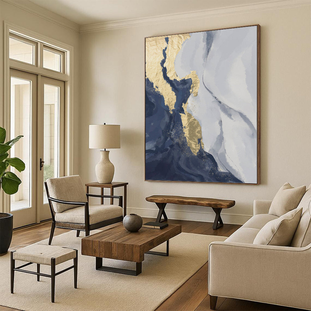 “Gilded Currents” - Blue, Gold & Gray Abstract Waves Painting On Canvas DKH1514