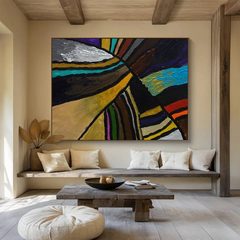 “Colorful Geometric Fusion - Bold Stripes in Various Hues” Painting On Canvas DKH013