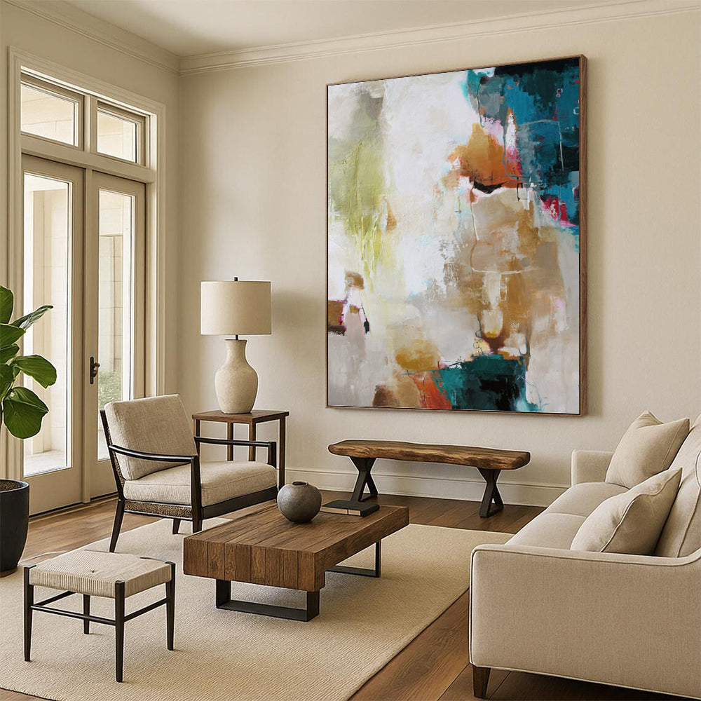 “Colorful Abstract Harmony” - Green, Blue, Gold, Pink & White Vibrant Painting On Canvas DKH1019