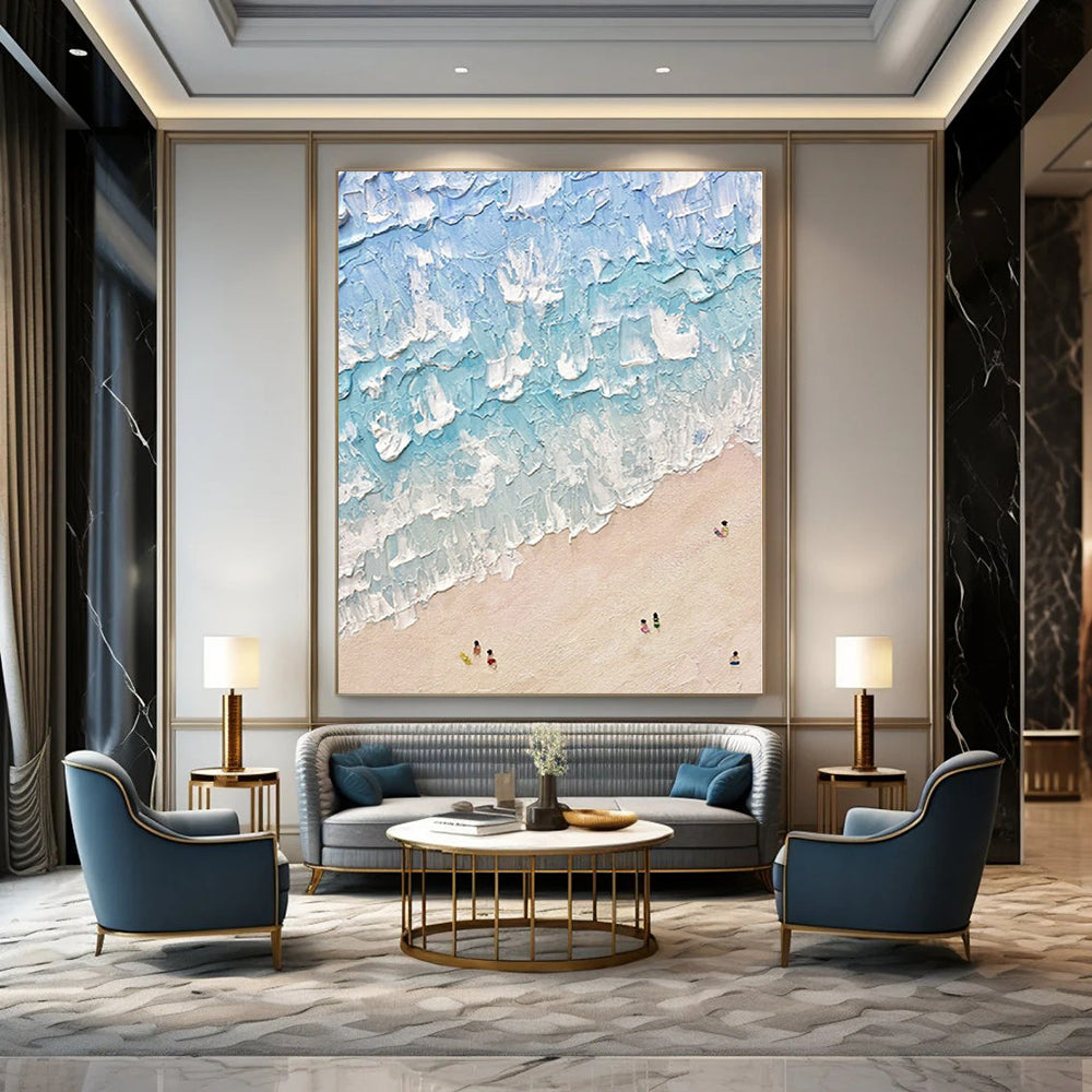 “Textured Blue - White Beach Scene” – Impasto Seascape Painting CT1129
