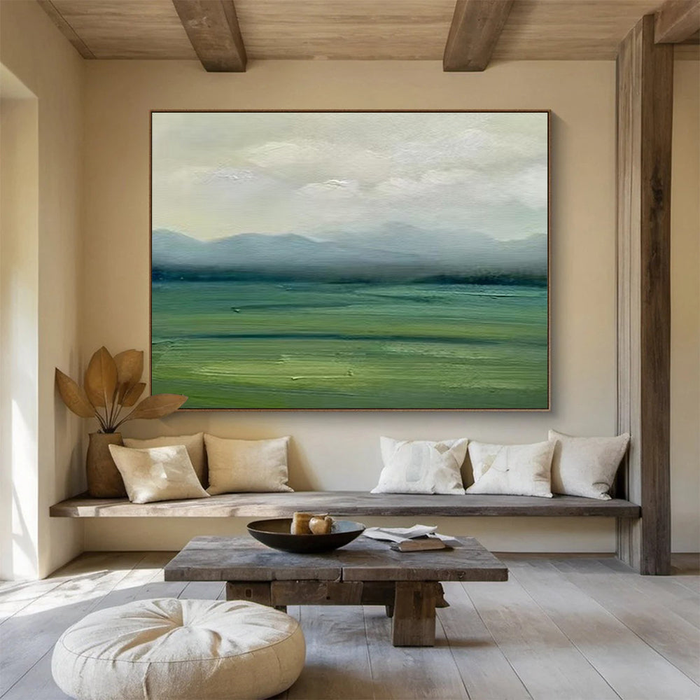 Muted Green and Gray Landscape “Misty Mountain Vista” Painting On Canvas DKH101