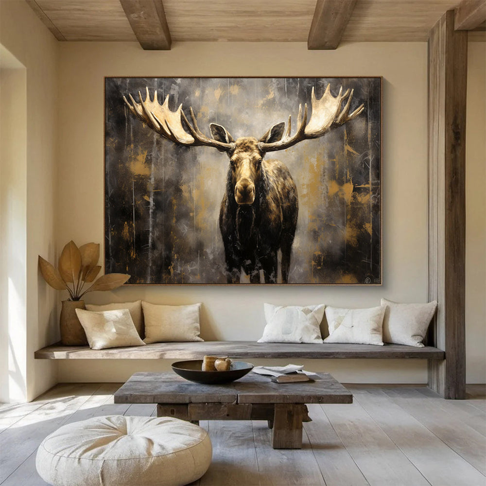 “Gilded Moose In A Dark Landscape” Animal Painting On Canvas DLZ079