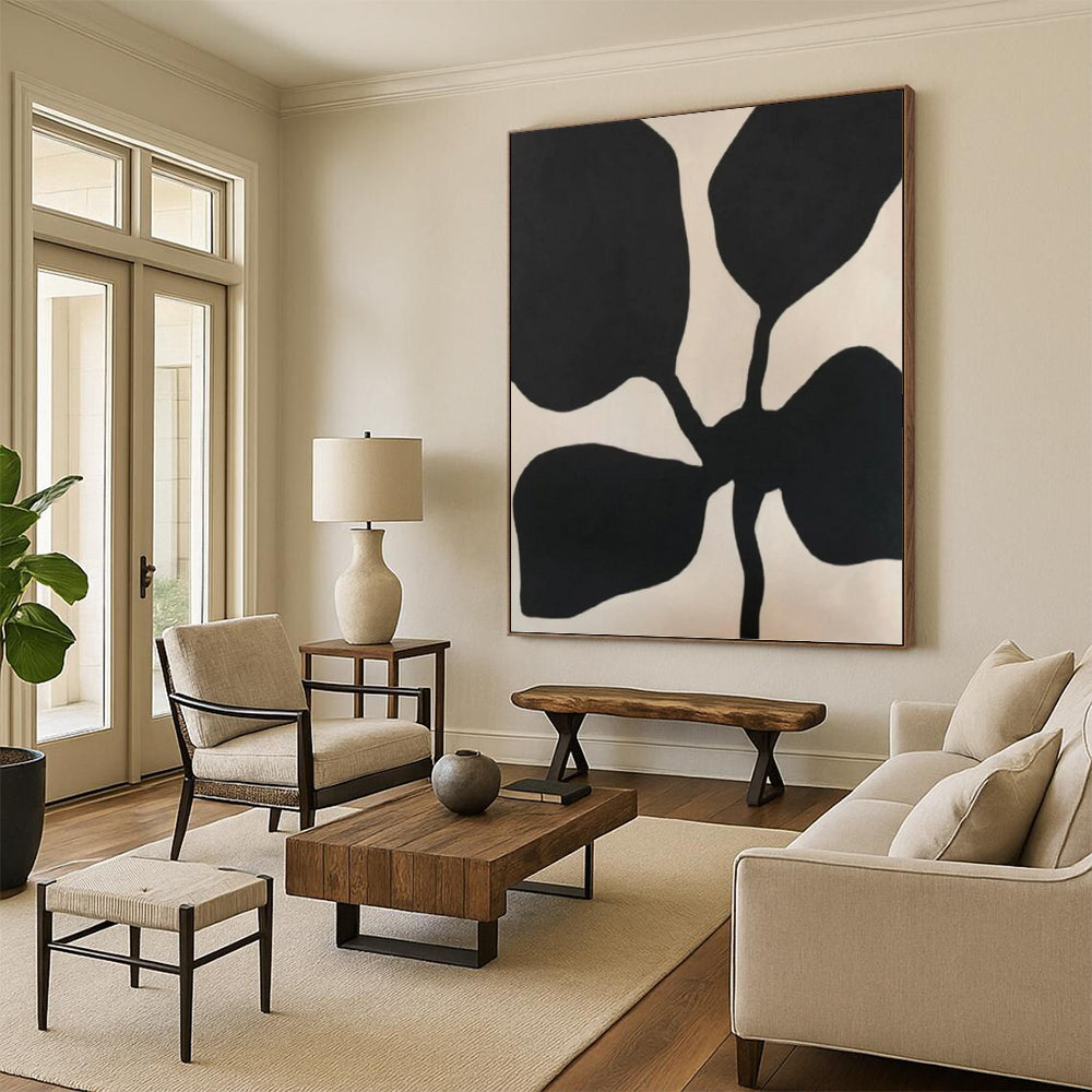 “Black Flower - like Forms on Light Background” - Minimalist Abstract Painting On Canvas DKH1077