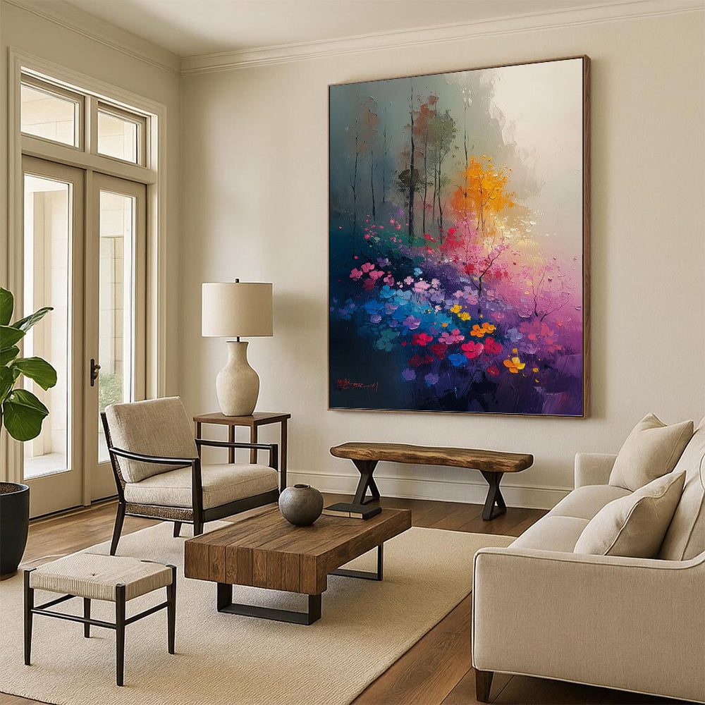 “Enchanted Garden” - Colorful Flowers and Trees Abstract Landscape Painting On Canvas DKH1533