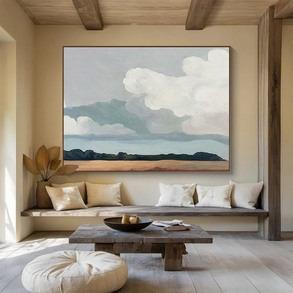 “Soft Clouds Over Earthy Field” - Minimalist Landscape Painting On Canvas DKH793