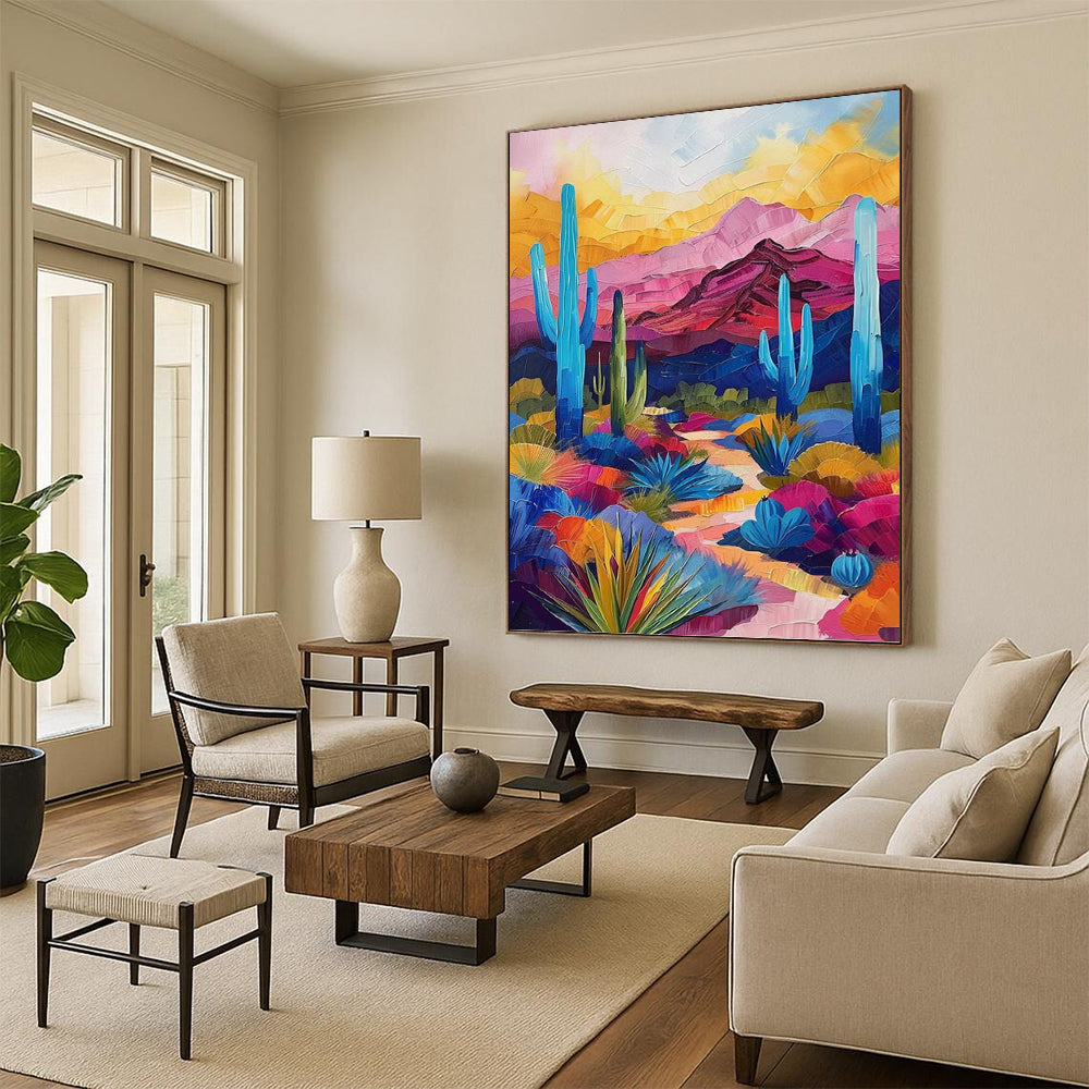 “Desert Vividness” - Colorful Desert Landscape with Cacti Painting On Canvas DKH1556