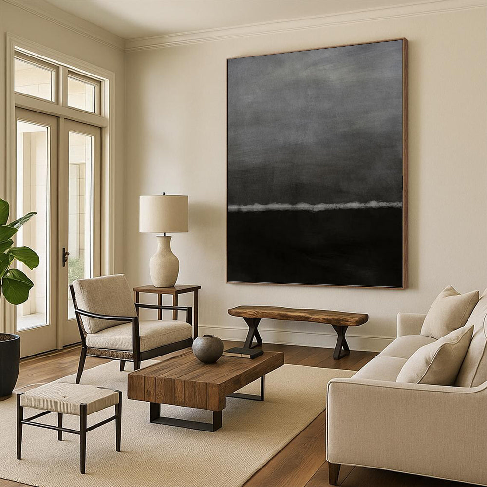 “Black & Gray Minimalist Horizon” - Black & Gray Abstract Minimalist Painting On Canvas DKH1202