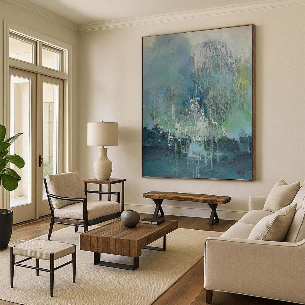 “Colorful Dripping Abstract” - Blue, Green, White & Gray Dripping Abstract Painting On Canvas DKH1199