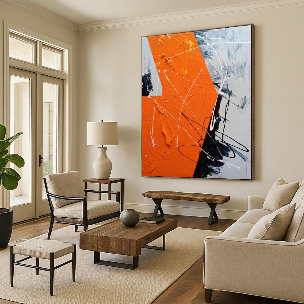 “Orange - Black Dynamic Strokes” Abstract Acrylic Art CT0325