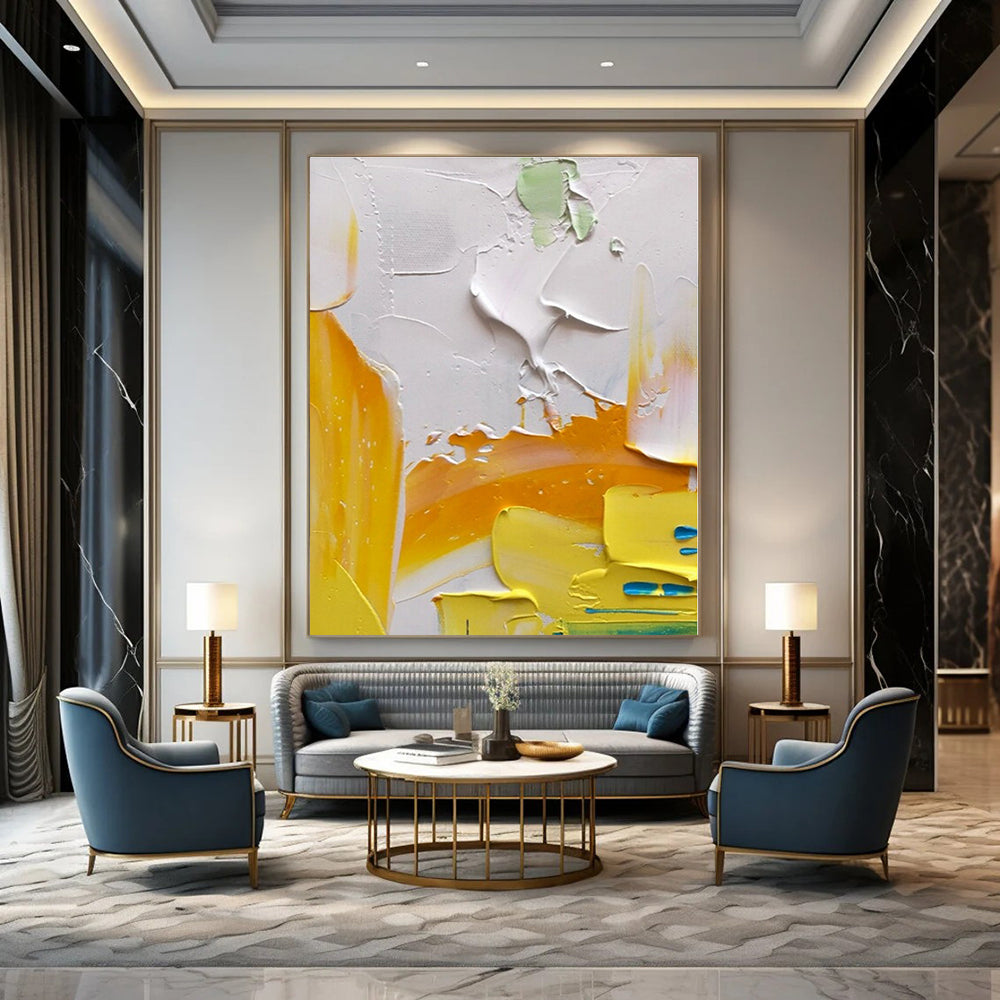Bright Yellow & White Textured Abstraction - Impasto Abstract Acrylic On Canvas CT1346