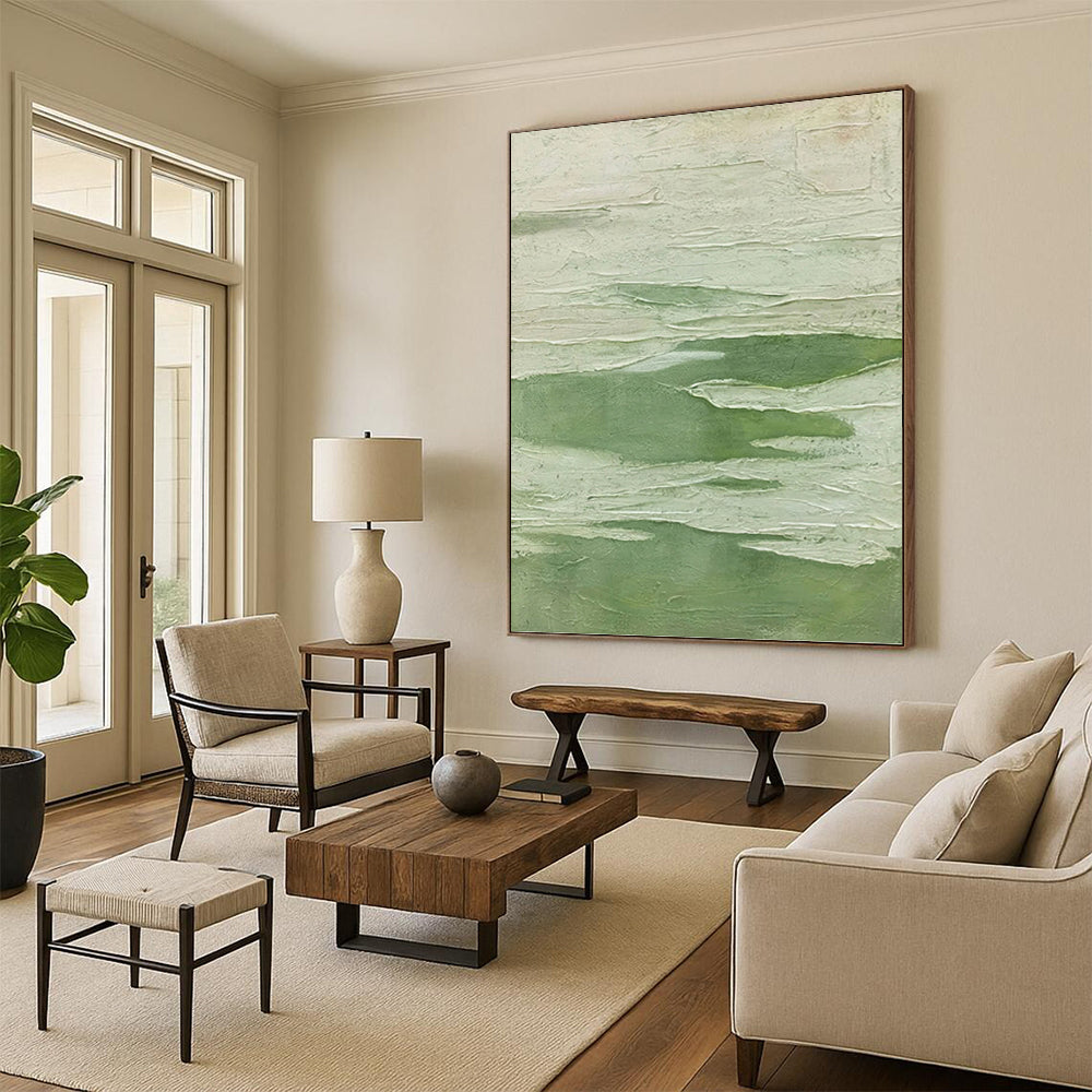 “Textured Green & White Layers” - Green & White Textured Abstract Painting On Canvas DKH1217