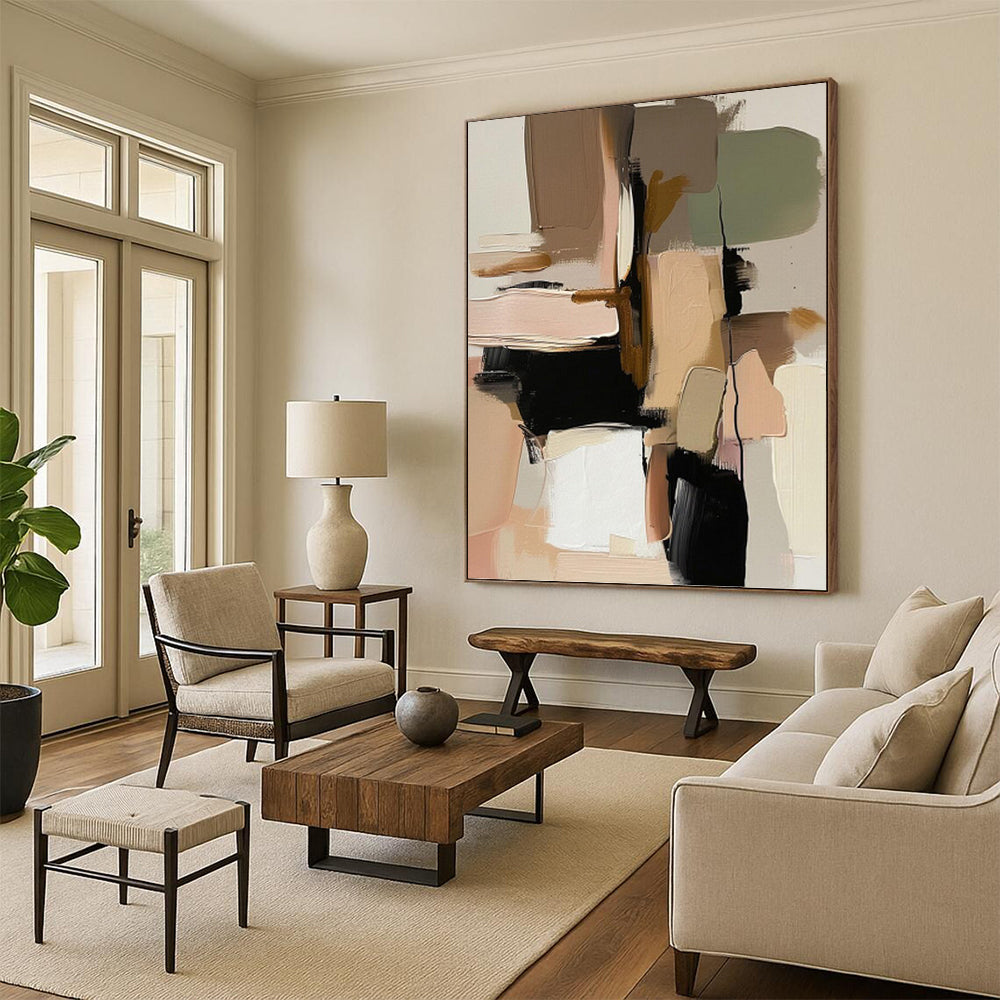 Earth Tones & Black Shapes - Abstract Geometric Painting On Canvas DKH1240