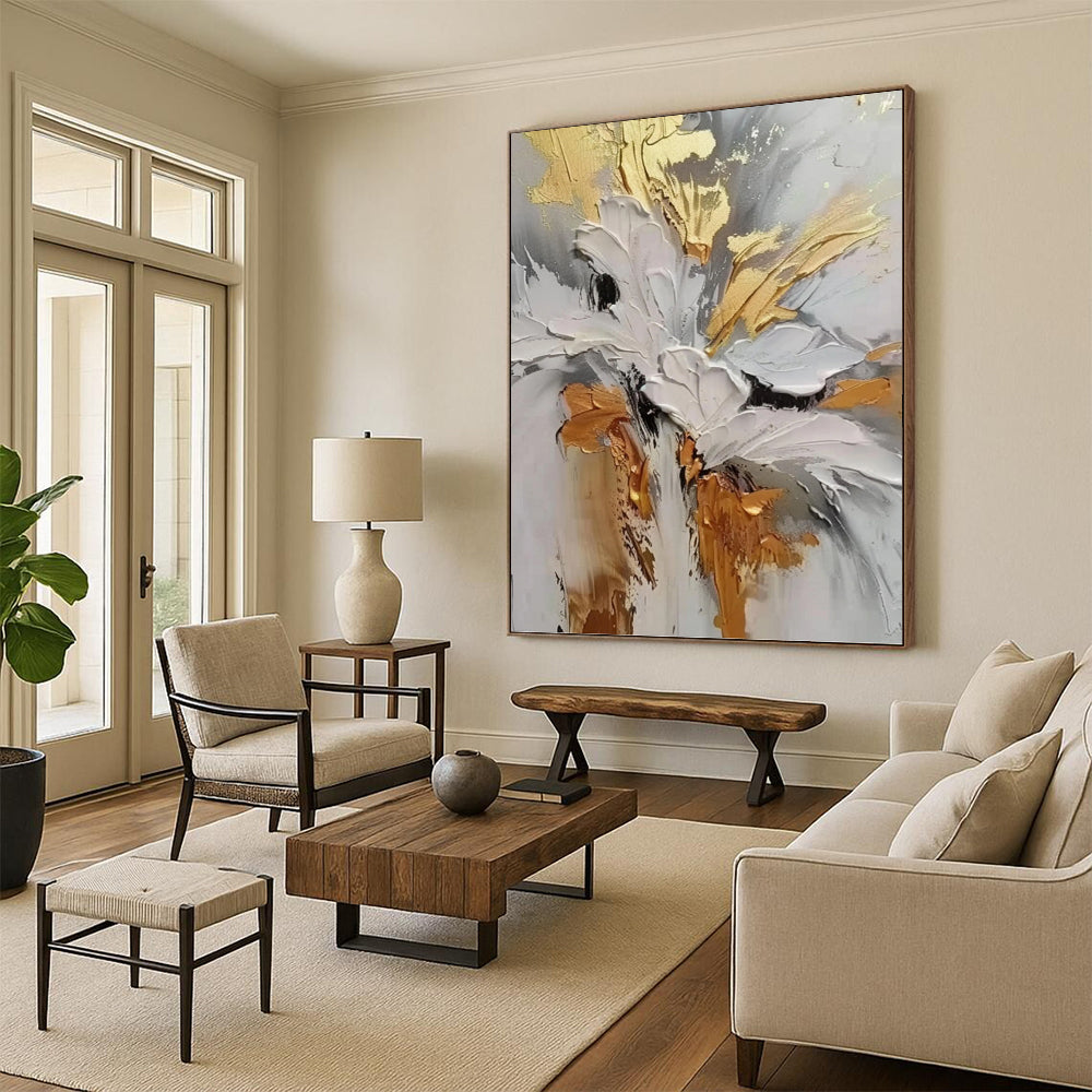 Gold, Gray and White Floral Impasto - Textured Flower Painting On Canvas DKH1386