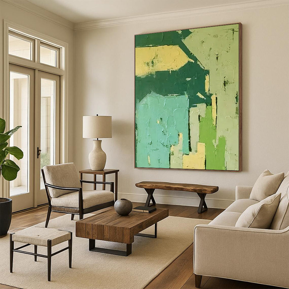 Green & Blue Geometric Blocks - Geometric Abstract Painting On Canvas CT2276