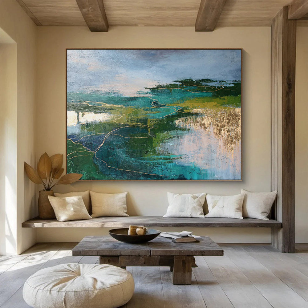 Green and Blue Abstract Landscape with Gold “Mystic Nature’s Pathways” Painting On Canvas DKH129