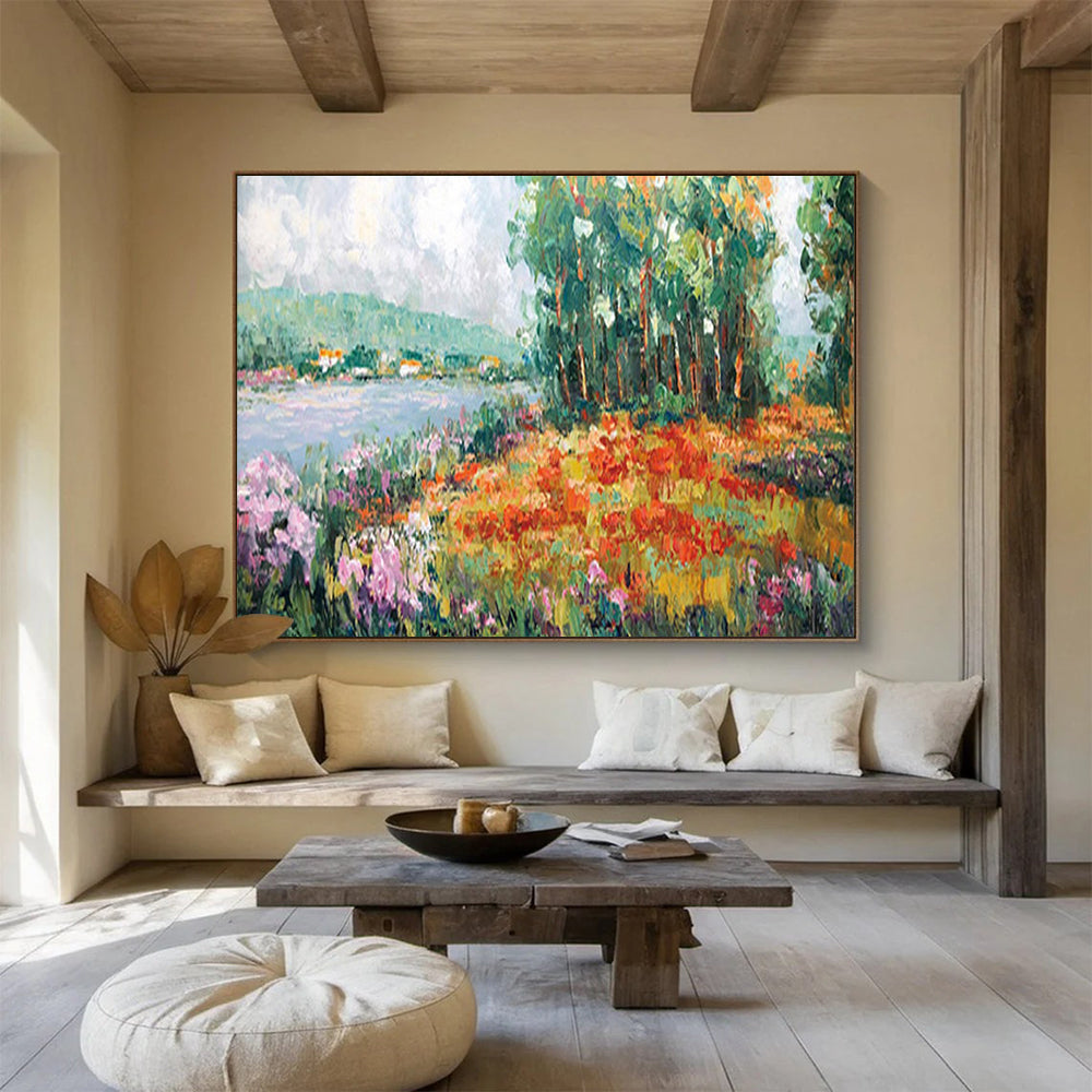 Colorful Riverbank Flowers - Impressionist Landscape Painting On Canvas DLZ228