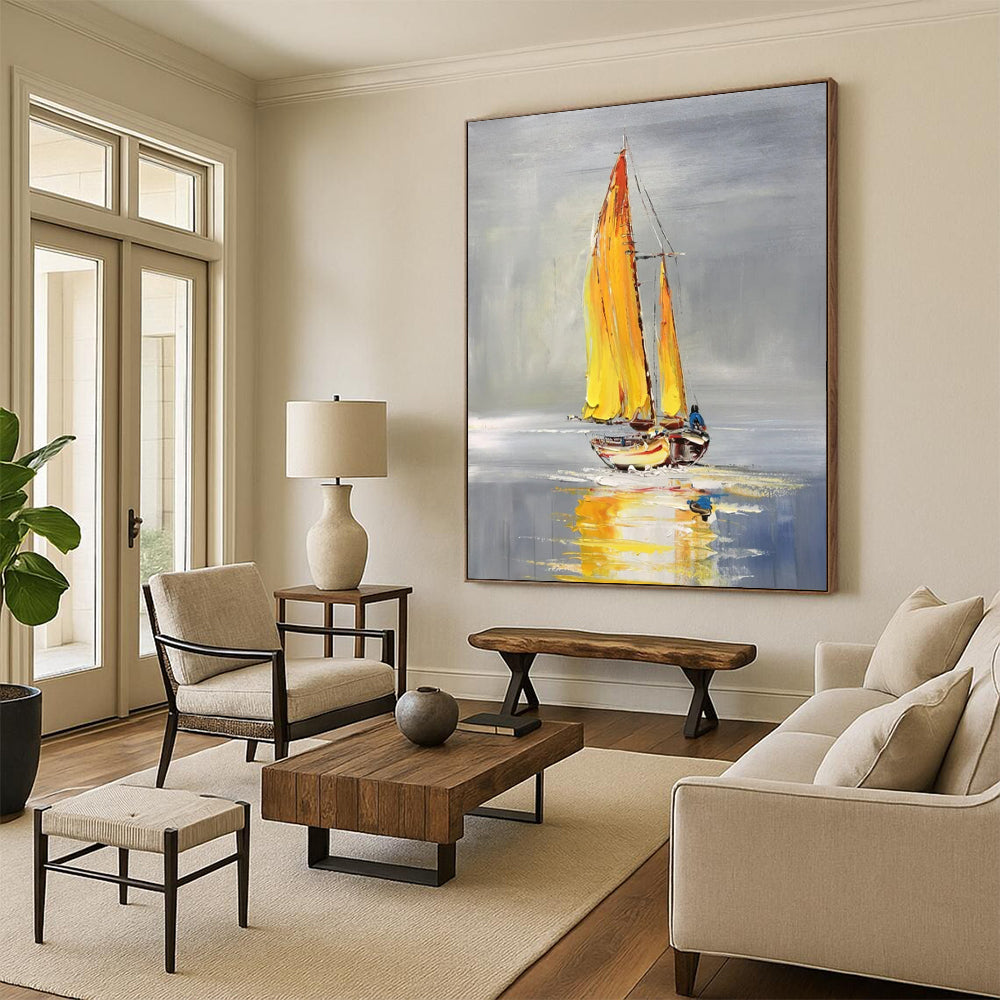 “Yellow - Sailed Boat” - Gray & Yellow Sailboat Painting On Canvas CT2198