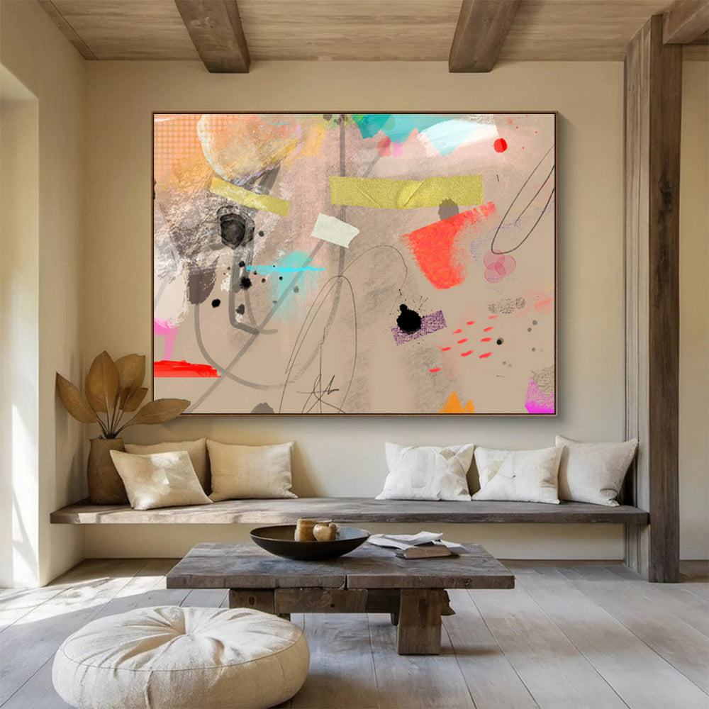 Eclectic Ink & Color Beige Colorful Splashes & Lines Painting On Canvas DKH204