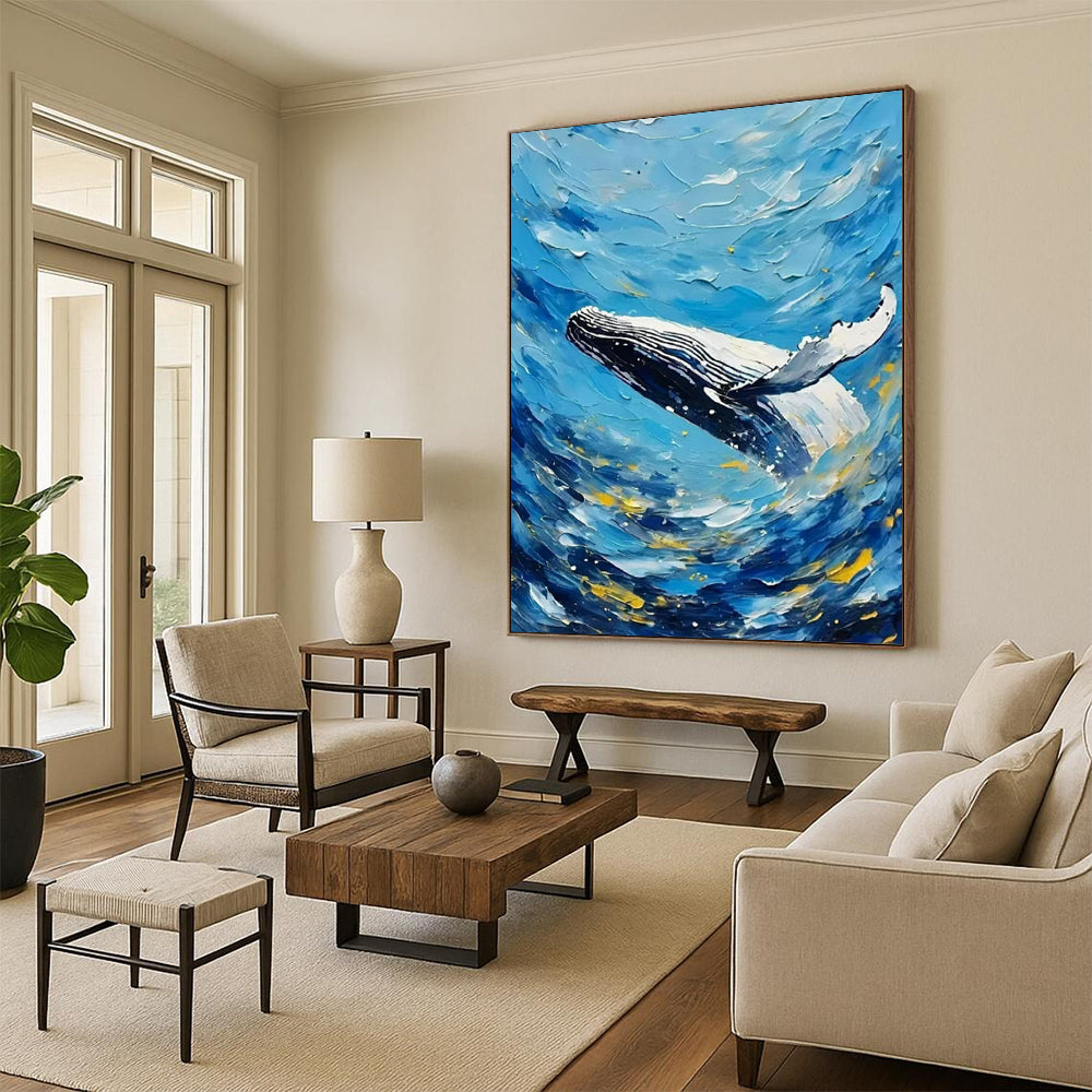 Blue - White Whale in Waves - Seascape - Inspired Impasto Painting On Canvas CT2282