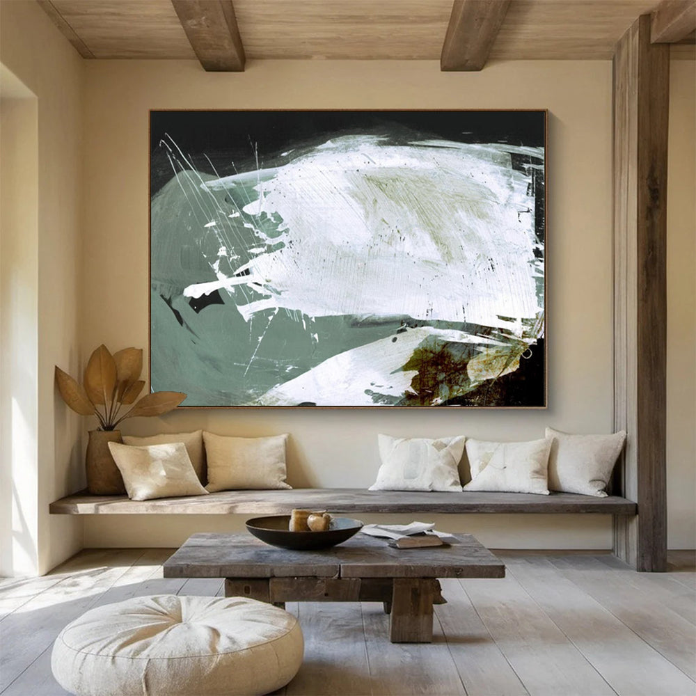 “Dynamic White and Green Strokes” Abstract Expressionist Painting On Canvas DLZ133