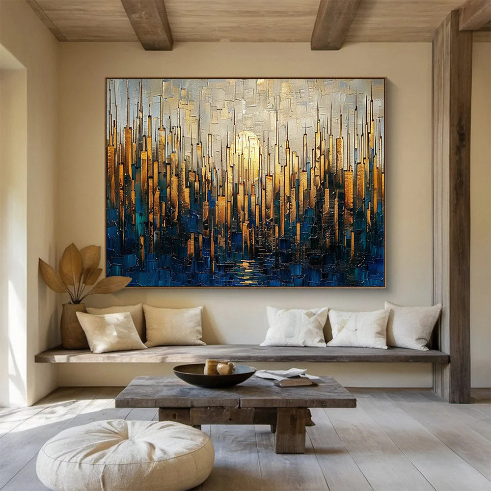 Golden Cityscape at Sunset - Textured Urban Landscape Painting On Canvas DLZ172