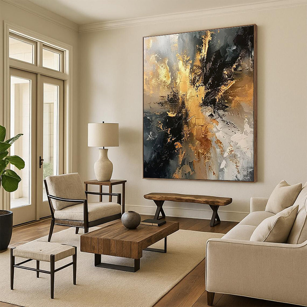 “Black - Gray - Gold Abstract” ,Abstract Acrylic Painting CT0861