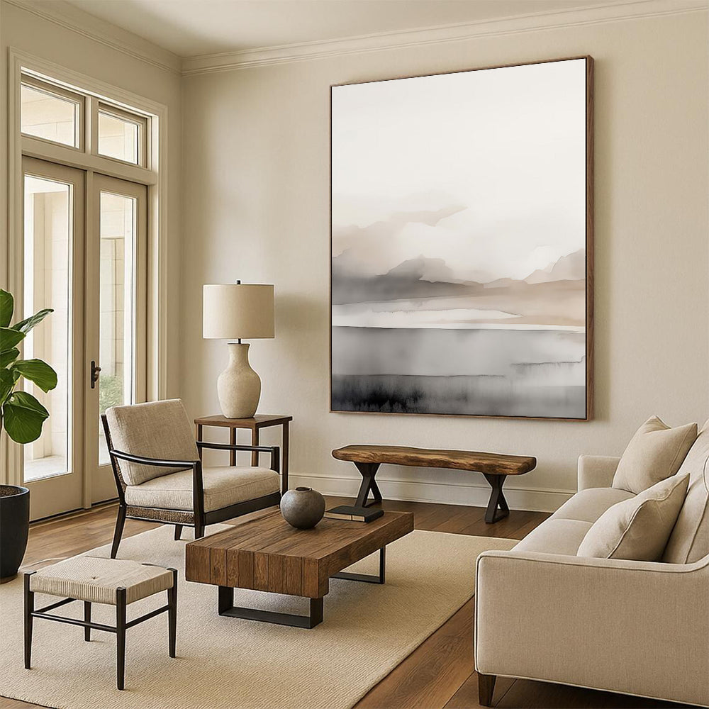 “Ink - Wash Mountain Serenity” – Abstract Watercolor Landscape with Beige and Gray Gradients CT2060