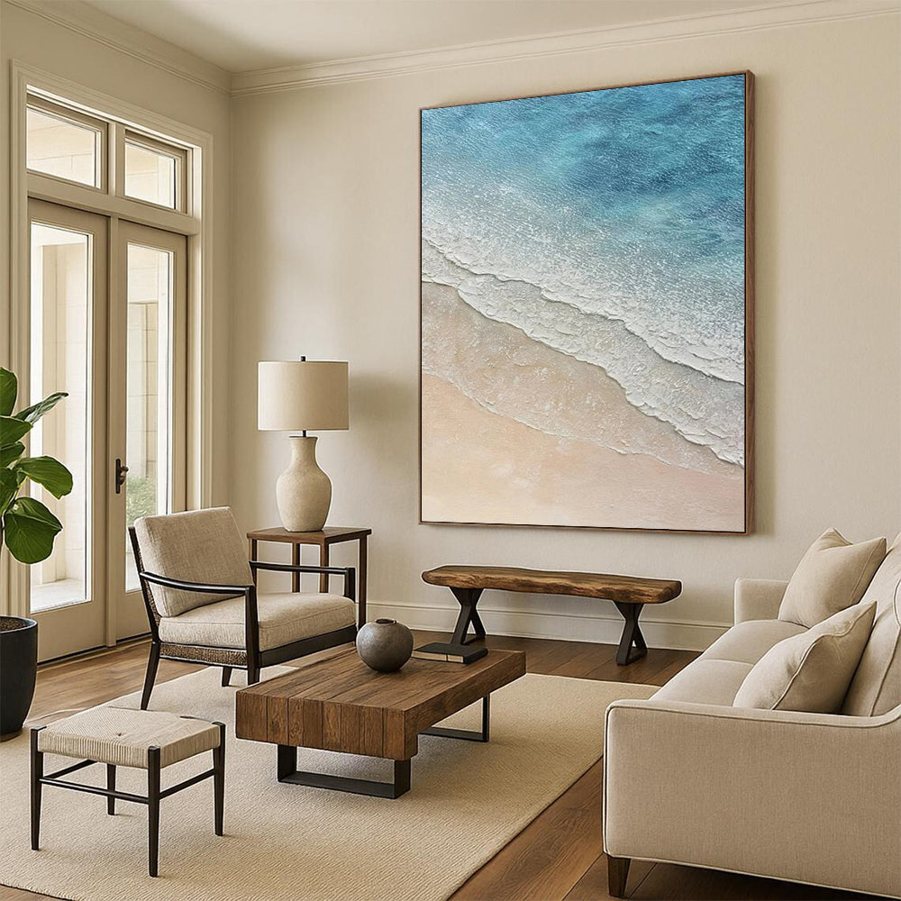 “Blue, White, Beige Coastal Waves ‘Seaside Serenity’” - Realistic Textured Landscape Painting On Canvas DTP314