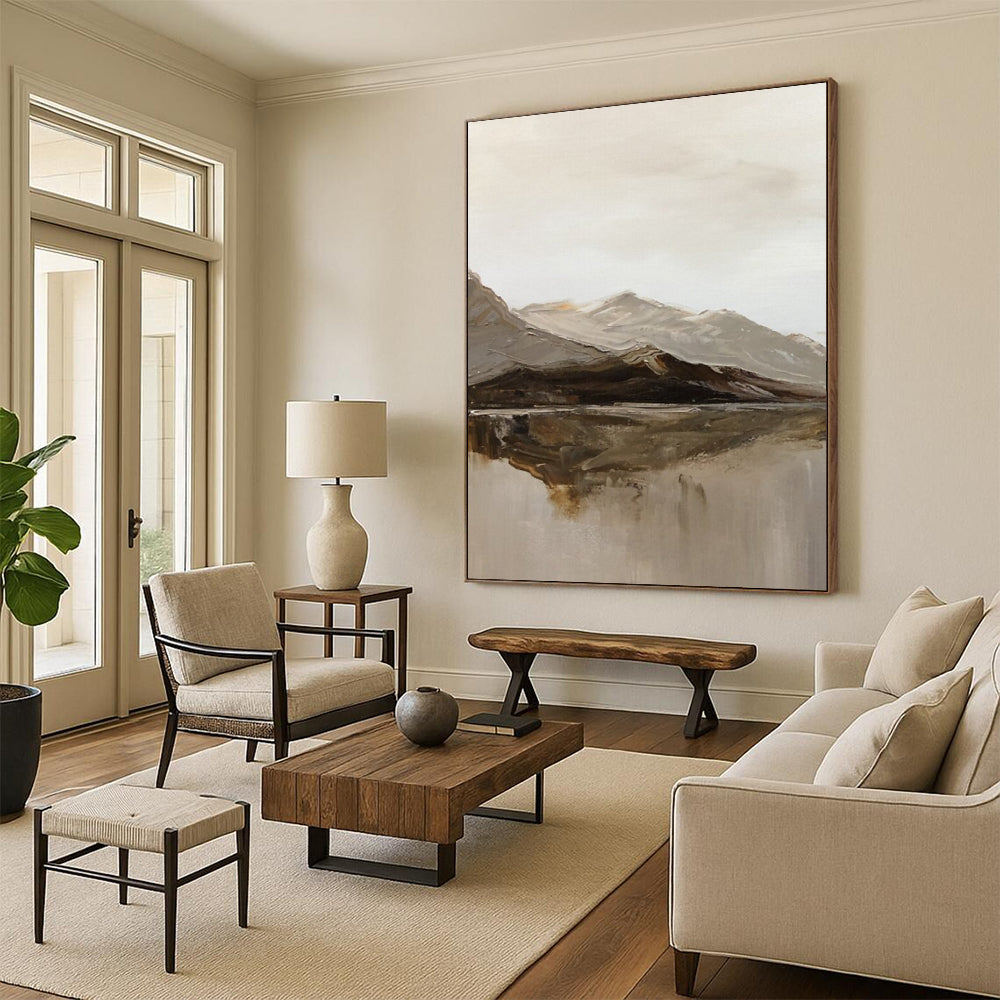 “Gray, Brown, White Mountain Reflection ‘Nature’s Mirror’” - Impasto Landscape Painting On Canvas DTP358
