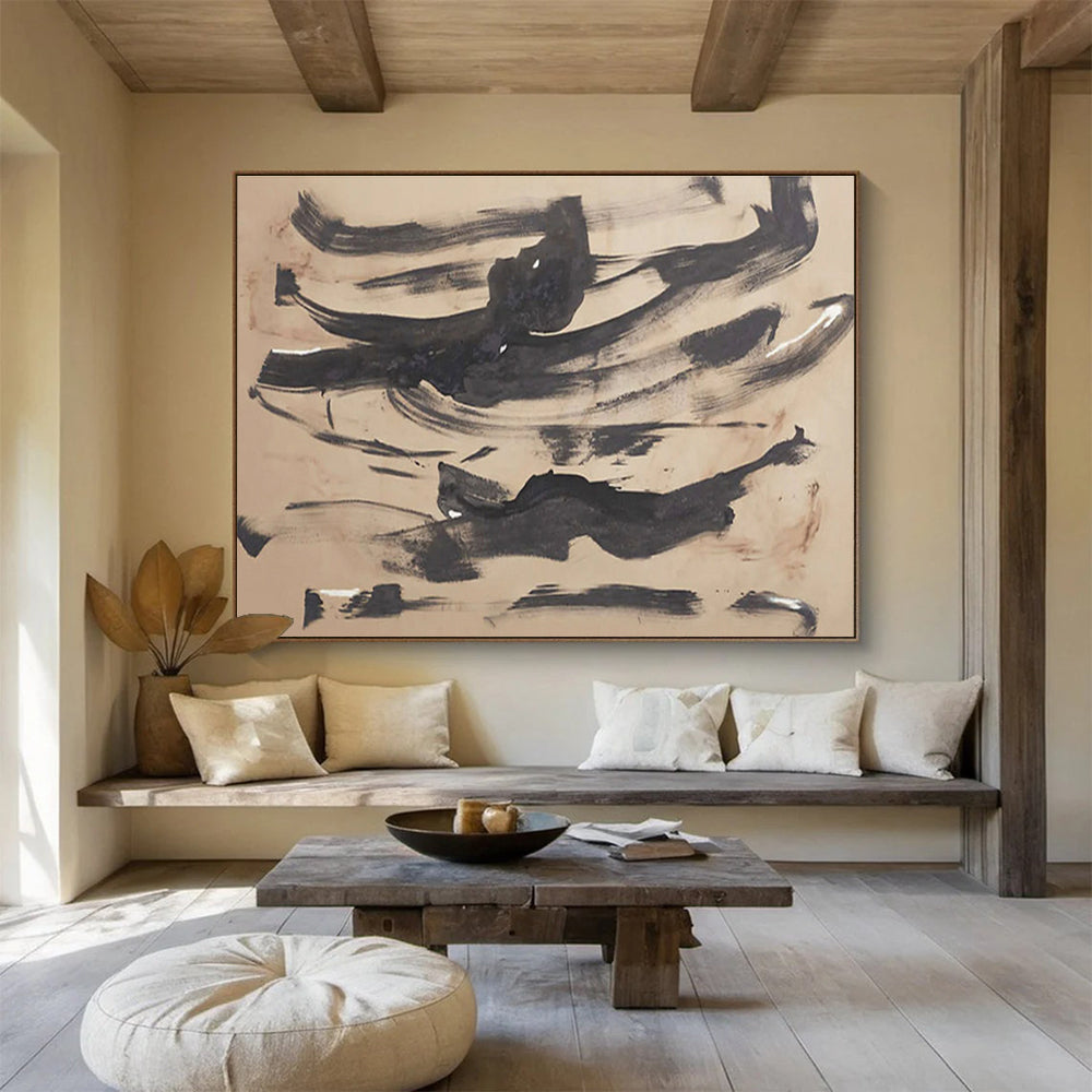 “Ink - Wash Abstraction” - Black, Beige Minimalist Brushstroke Painting On Canvas DKH735