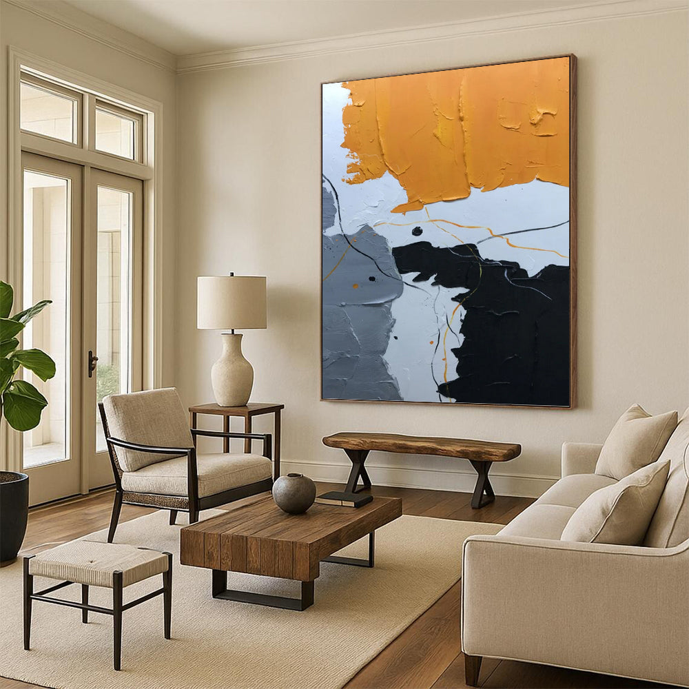 Orange, Gray, Black, and Line Abstract - Abstract Painting On Canvas DKH1334