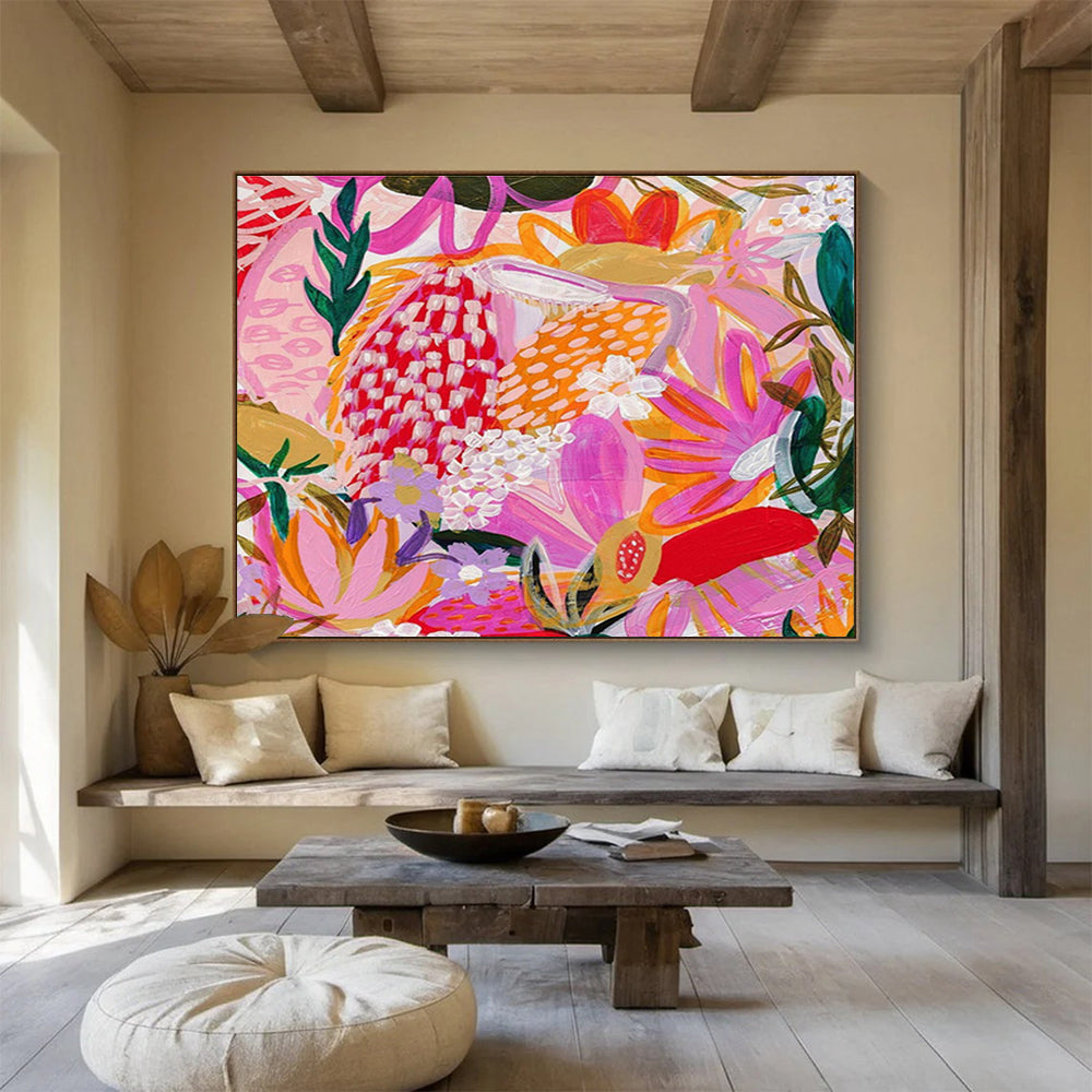 “Tropical Floral Fiesta” - Pink, Purple, Orange Exotic Floral Folk - Art Inspired Painting On Canvas DKH708
