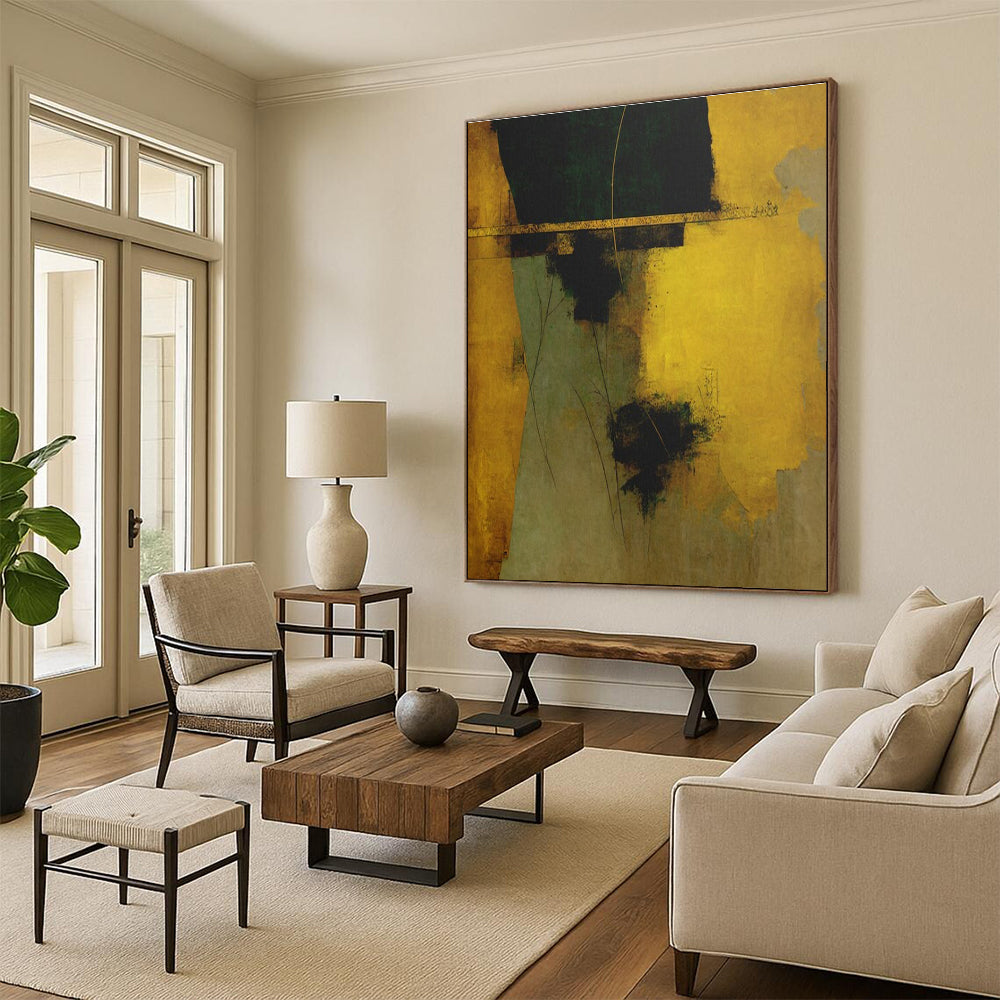 Gold, Green & Brown Abstract Forms, “Earthy Elegance” - Mixed - Media Abstract Painting CT0754