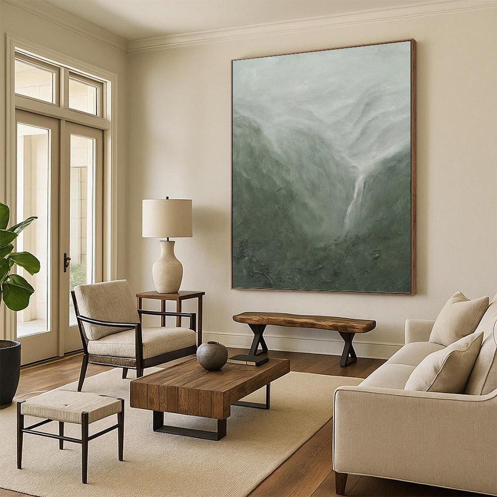 Misty Mountain Landscape in Green and Gray - Landscape Painting On Canvas DKH1490