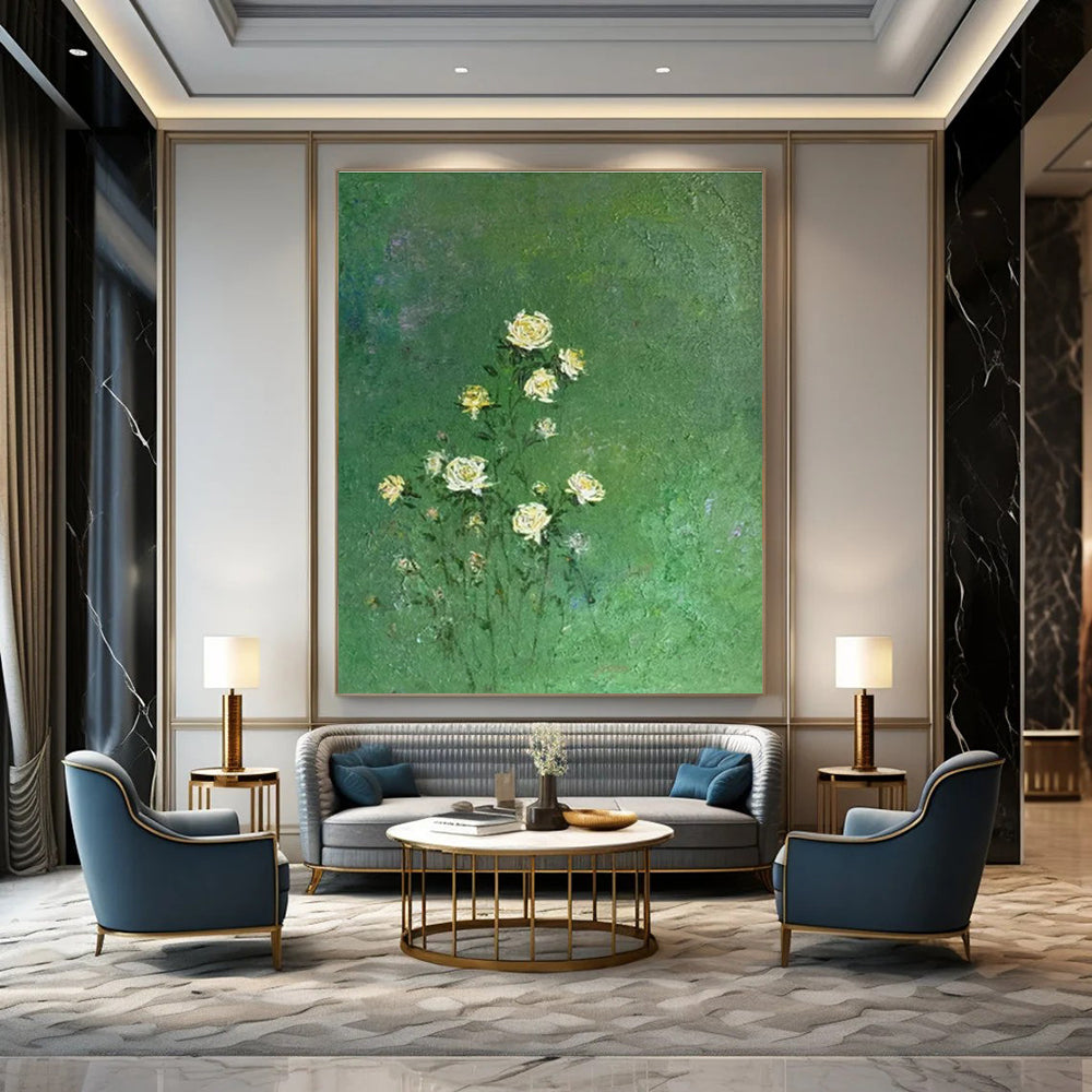 Green Background, White Flowers - "Whispering Blooms" - Impressionistic Oil Painting CT1453