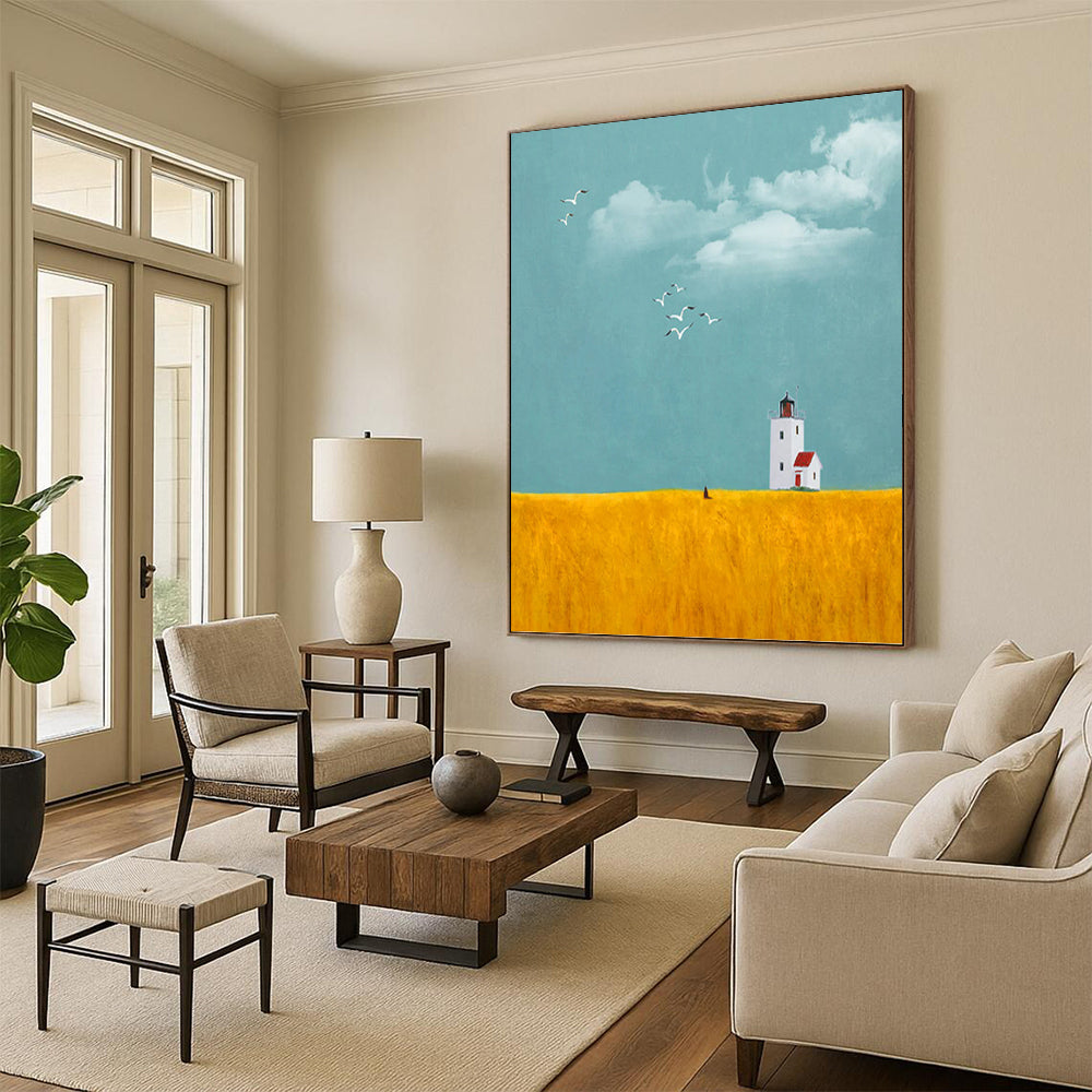 Lighthouse in Golden Field Under Blue Sky - Landscape Painting On Canvas DKH1429