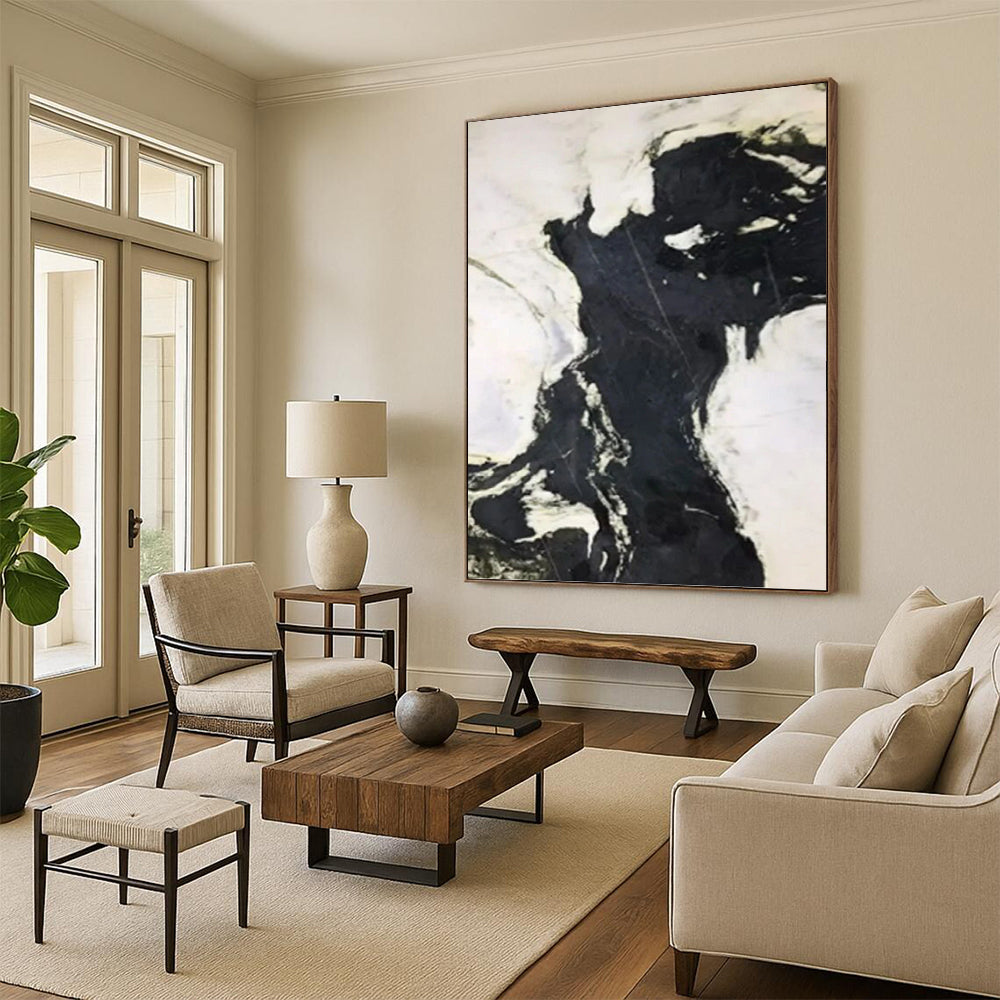 “Black & White Marble - like Abstraction” - Monochromatic Abstract Painting DKH1046