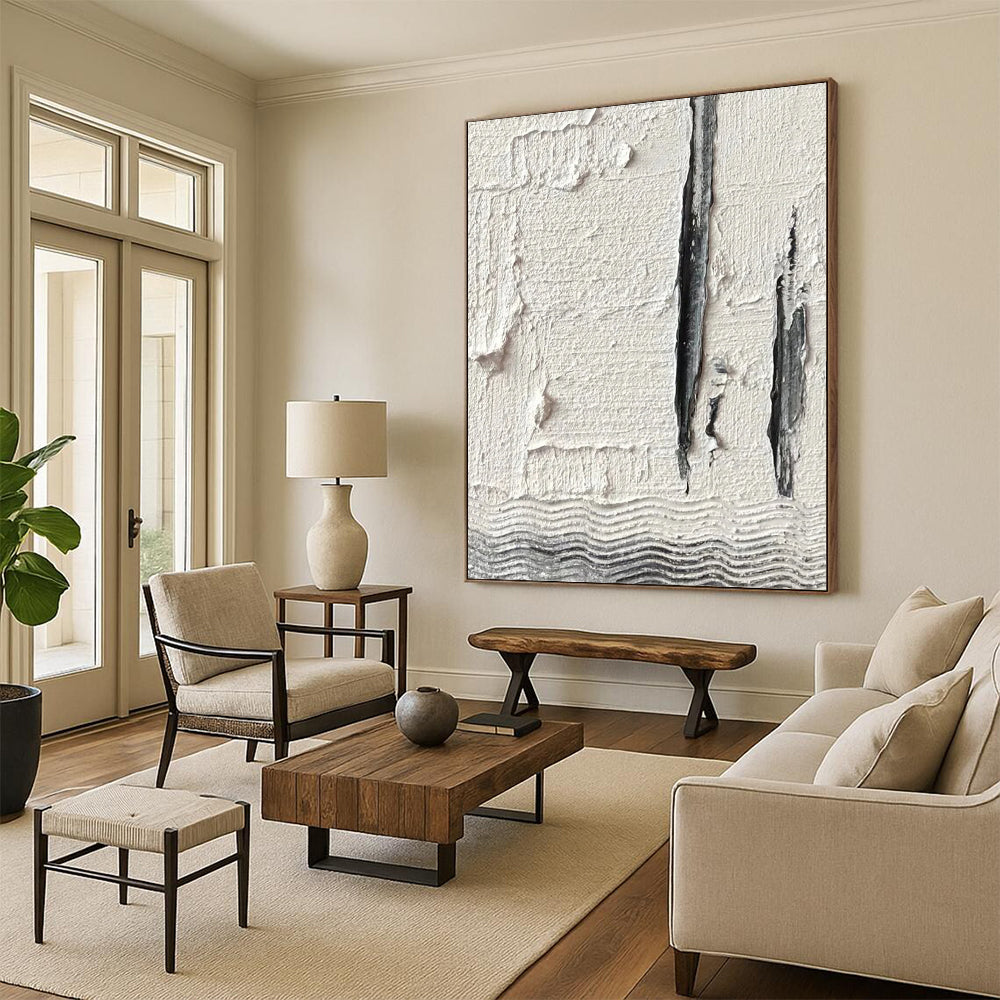 “White, Gray Textured Lines ‘Subtle Structure’” - Impasto Abstract Painting On Canvas DTP371