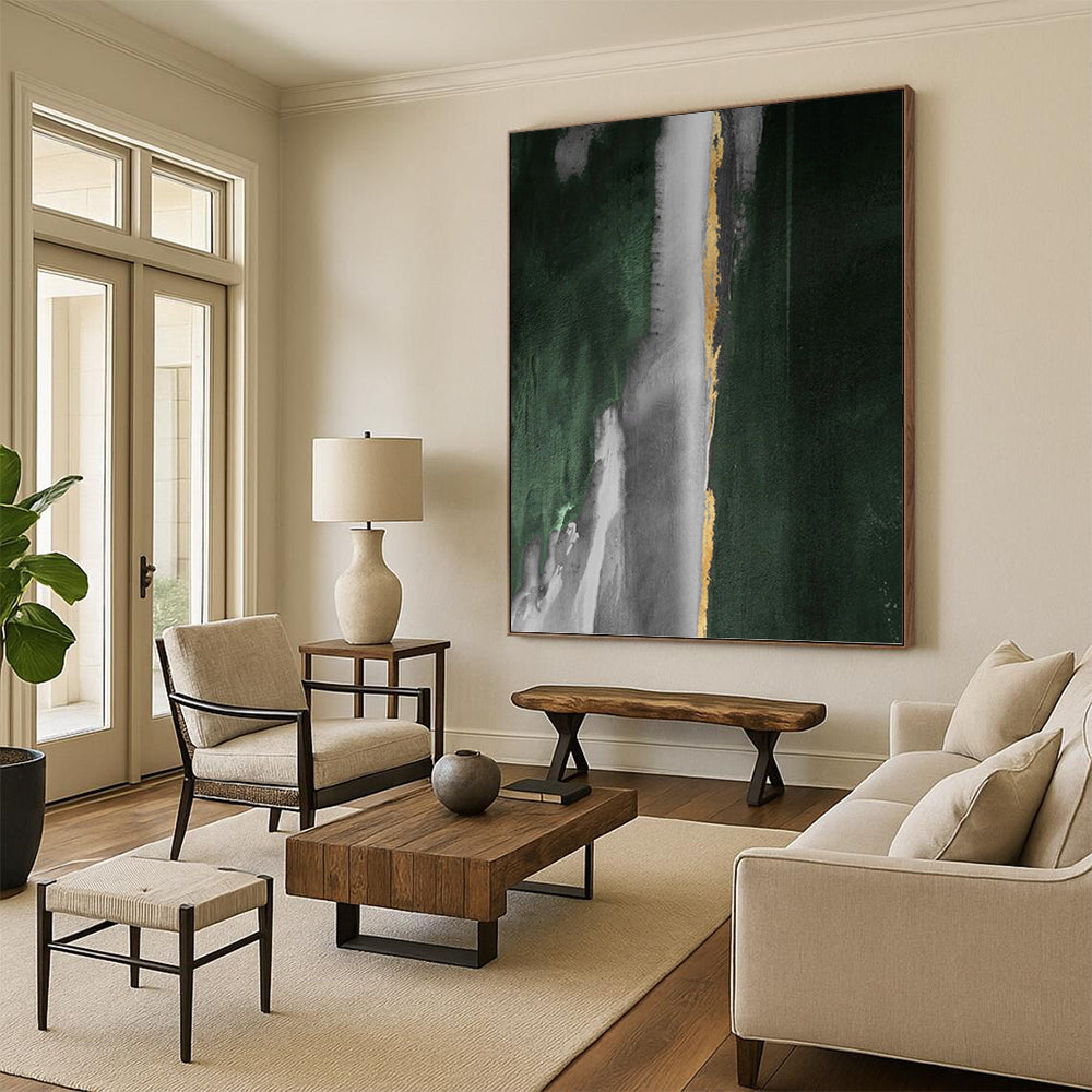 “Green, Gray & Gold Abstract Drips” - Green, Gray, Gold & Black Abstract Painting On Canvas DKH1203