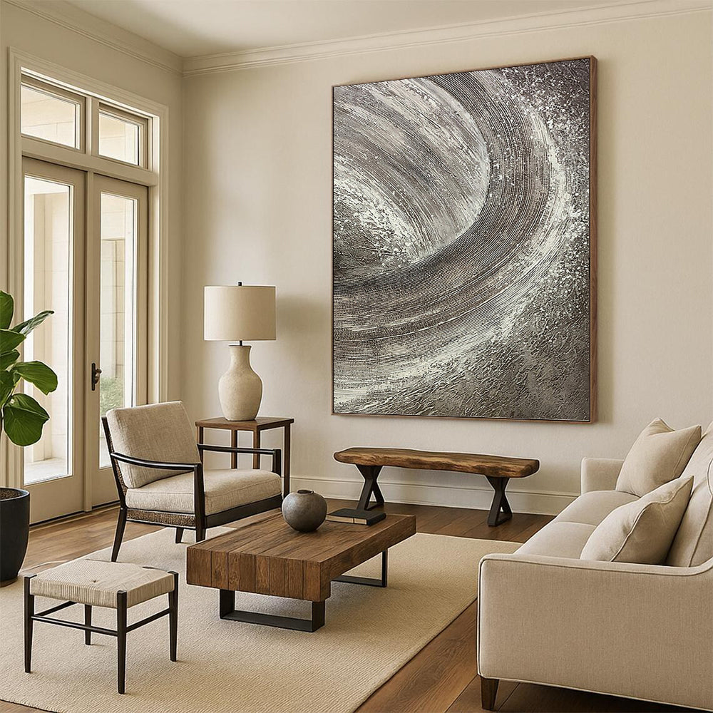 “Silver Swirl” - Gray & White Textured Abstract Circles Painting On Canvas DKH1542