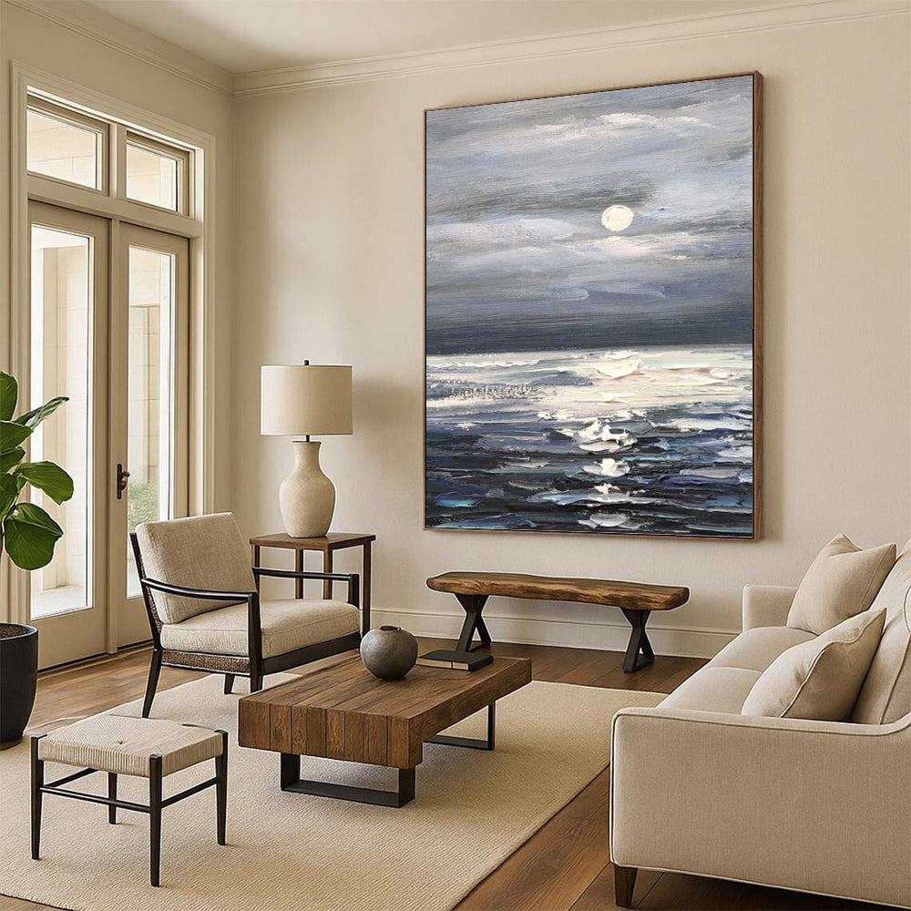 Moonlit Ocean in Gray and Blue - Impressionistic Seascape Painting On Canvas DKH1293